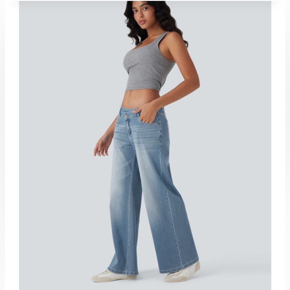 HALARA Asymmetric Flex Denim Light Blue Wash Women's Jeans L P Petite NWT